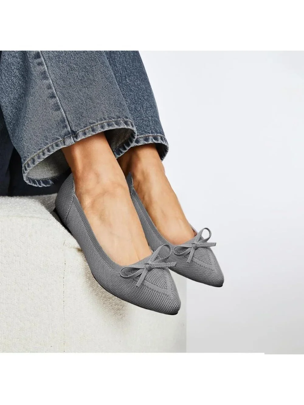 Women's Grey Flats Pointed Toe Bow Knit Ballet Shoes Comfortable Dressy Mesh